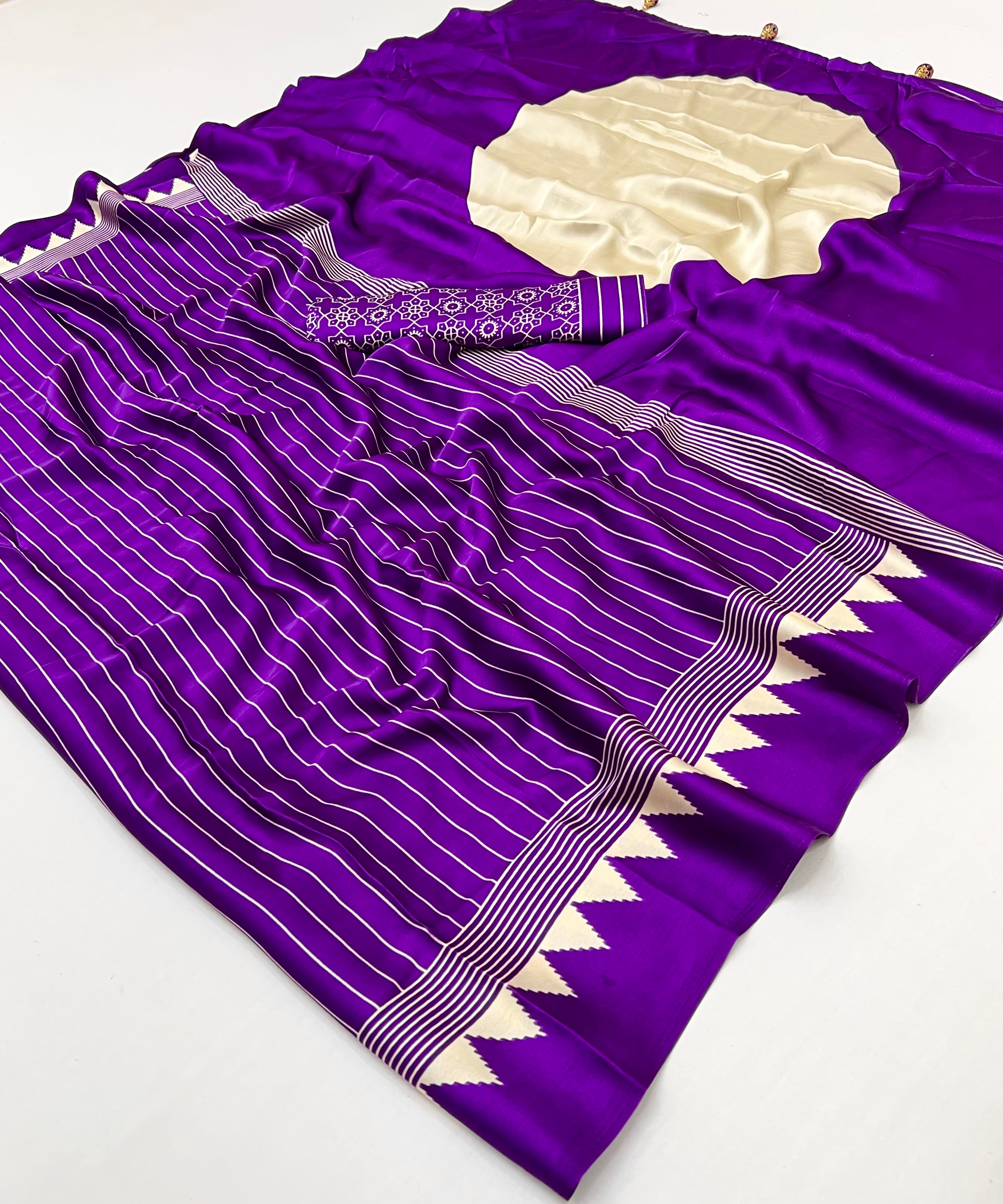 Purple Pure Semi Modal Silk Ajarkh Printed Saree ##color## Floral Printed Saree with premium fabric and embroidery