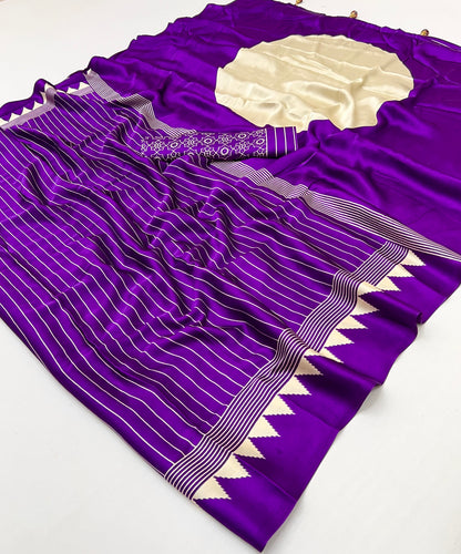 Purple Pure Semi Modal Silk Ajarkh Printed Saree 