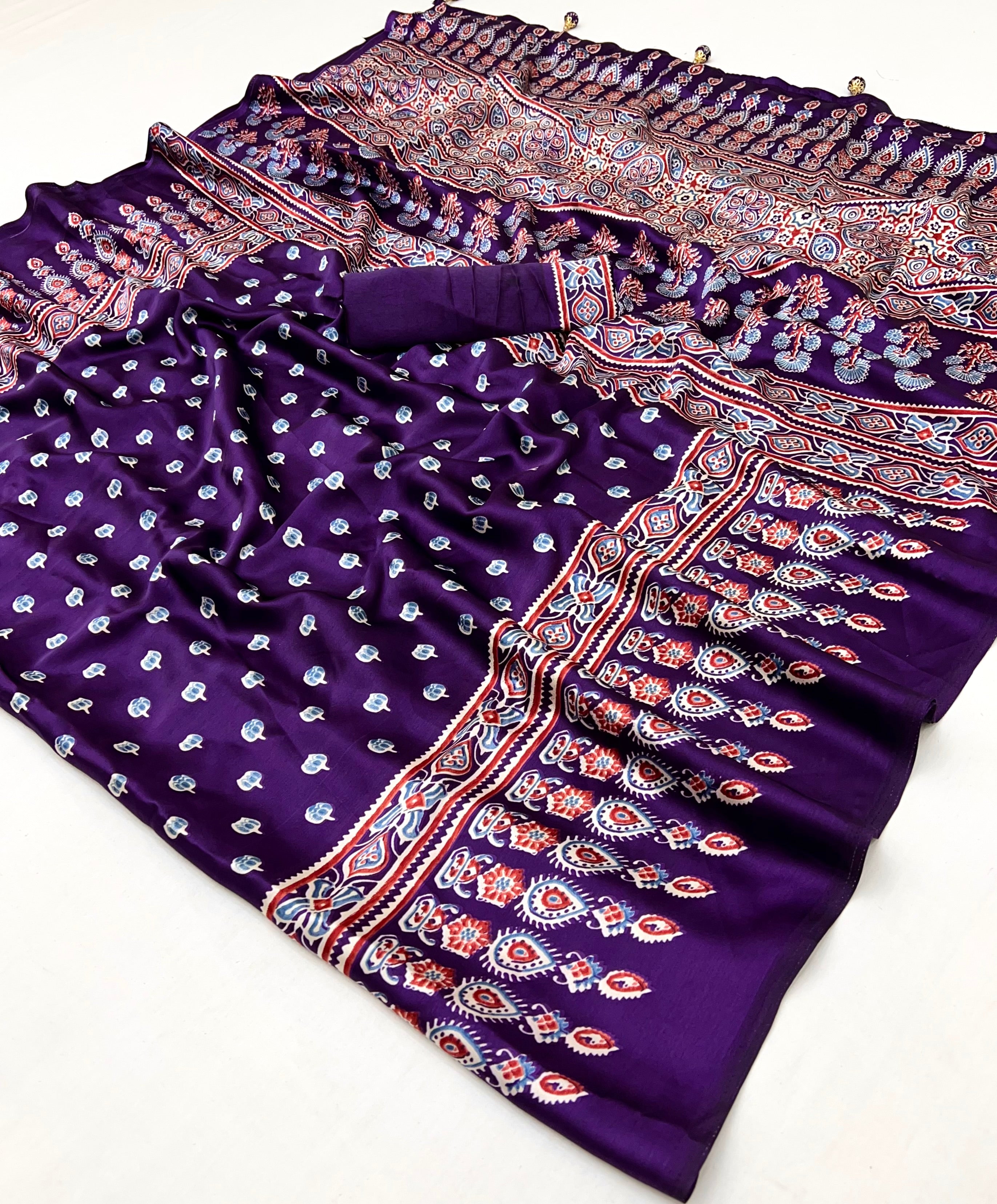 Purple Pure Semi Modal Silk Floral Printed Saree ##color## Floral Printed Saree with premium fabric and embroidery