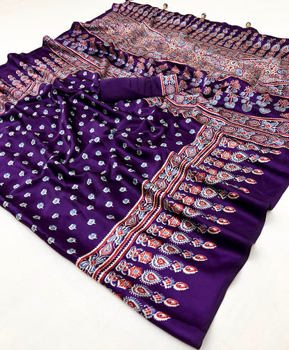 Purple Pure Semi Modal Silk Floral Printed Saree 