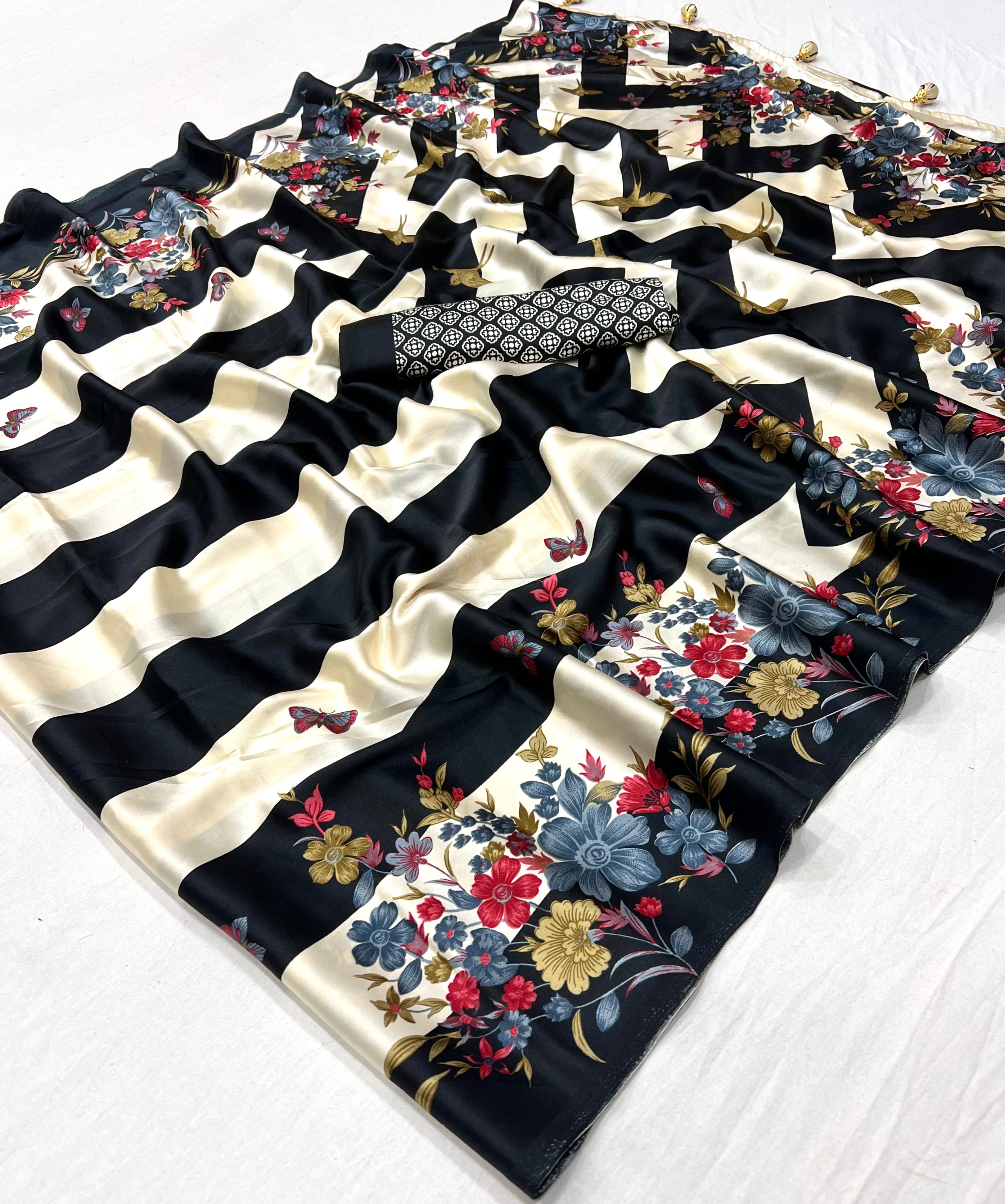Black Pure Semi Modal Japan Silk Ajarkh Printed Saree 