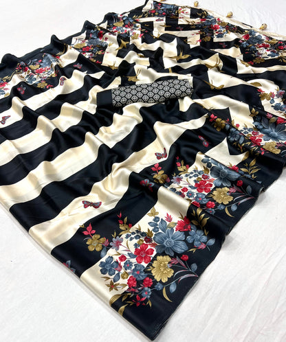 Black Pure Semi Modal Japan Silk Ajarkh Printed Saree 
