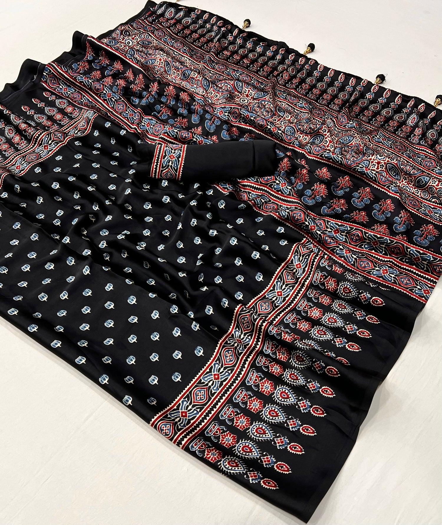 Black Pure Semi Modal Silk Floral Printed Saree 