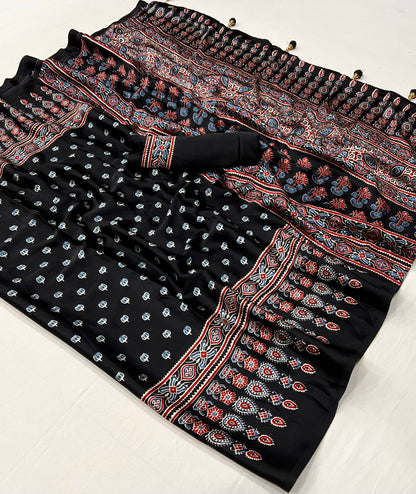 Black Pure Semi Modal Silk Floral Printed Saree 