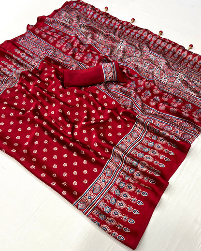 Red Pure Semi Modal Silk Floral Printed Saree 