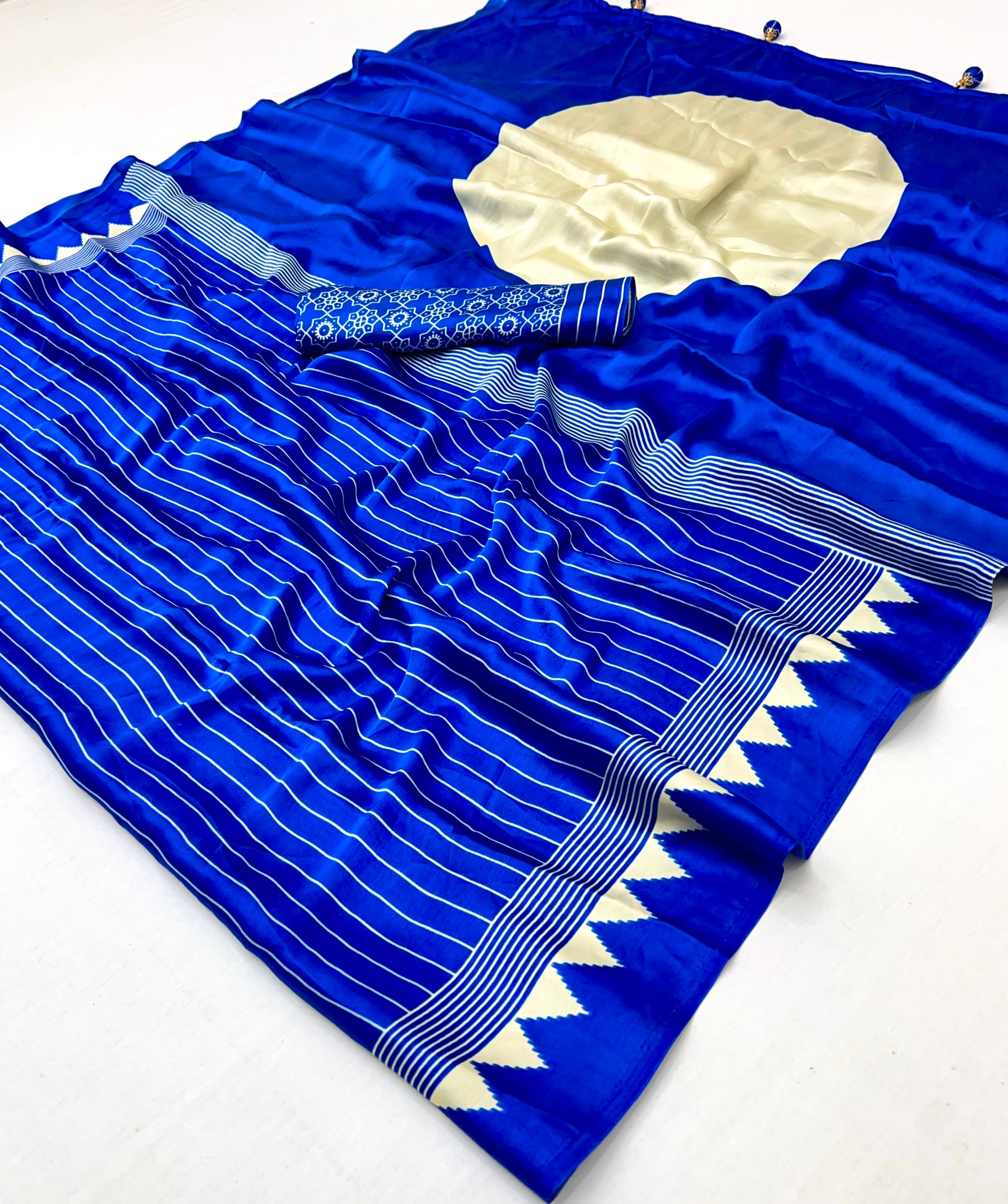 Blue Pure Semi Modal Silk Ajarkh Printed Saree ##color## Floral Printed Saree with premium fabric and embroidery