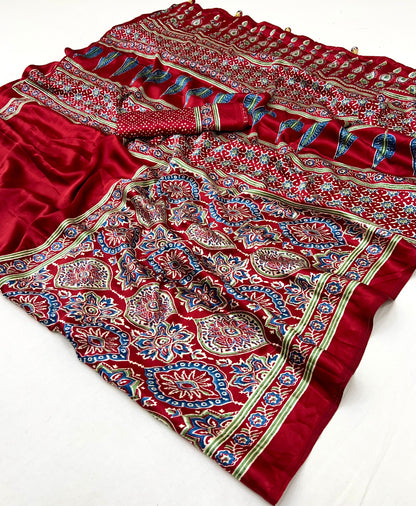 Red Pure Semi Modal Silk Floral Printed Saree 