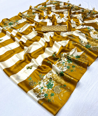 Yellow Pure Semi Modal Japan Silk Ajarkh Printed Saree 