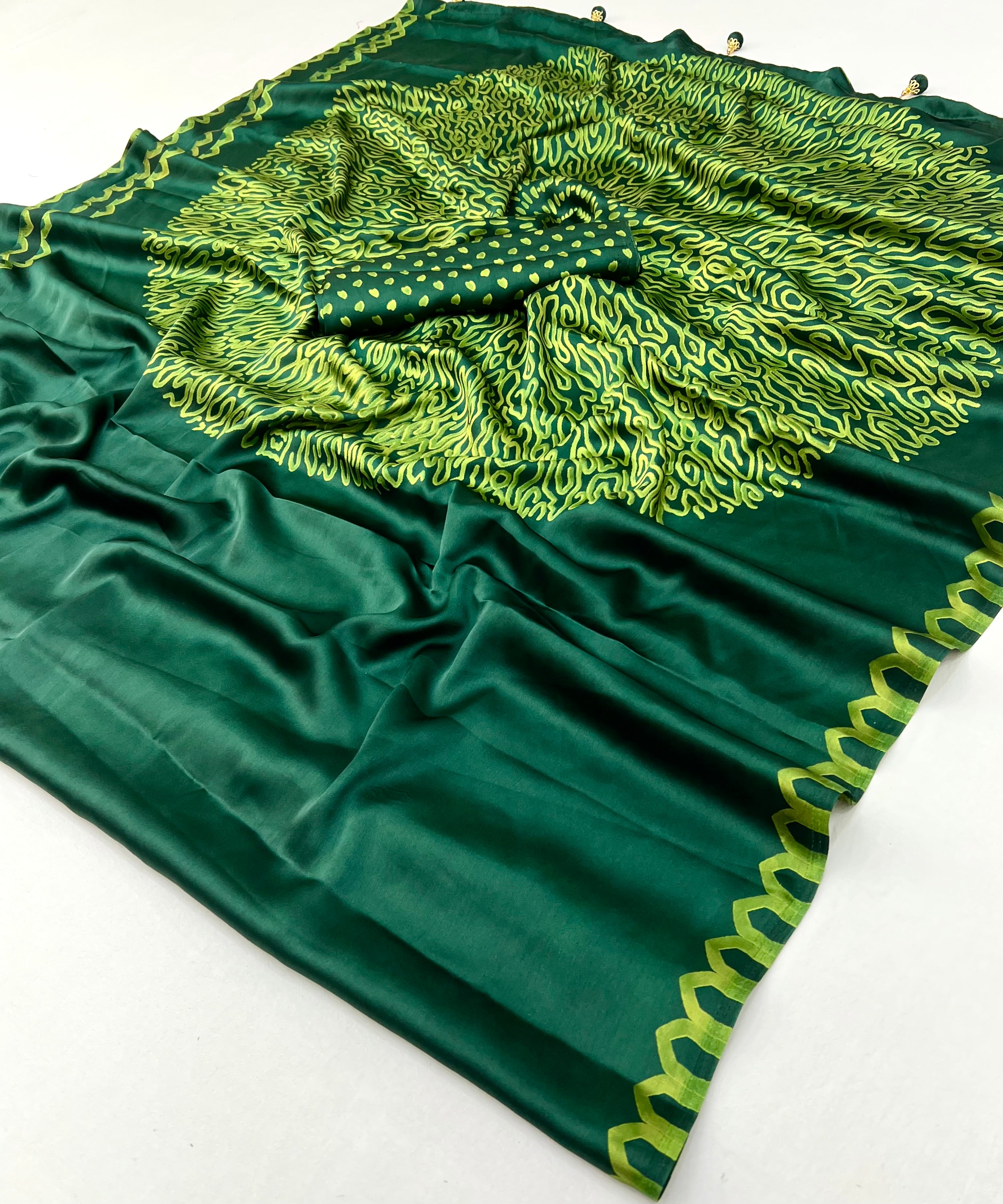 Green Pure Semi Modal Japan Silk Ajarkh Printed Saree ##color## Floral Printed Saree with premium fabric and embroidery