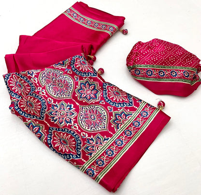 Pink Pure Semi Modal Silk Floral Printed Saree 