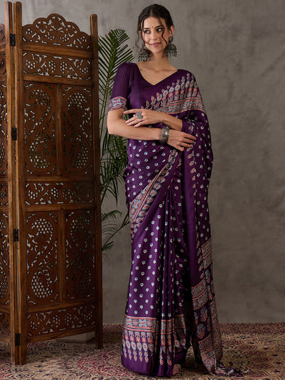 Purple Pure Semi Modal Silk Floral Printed Saree 