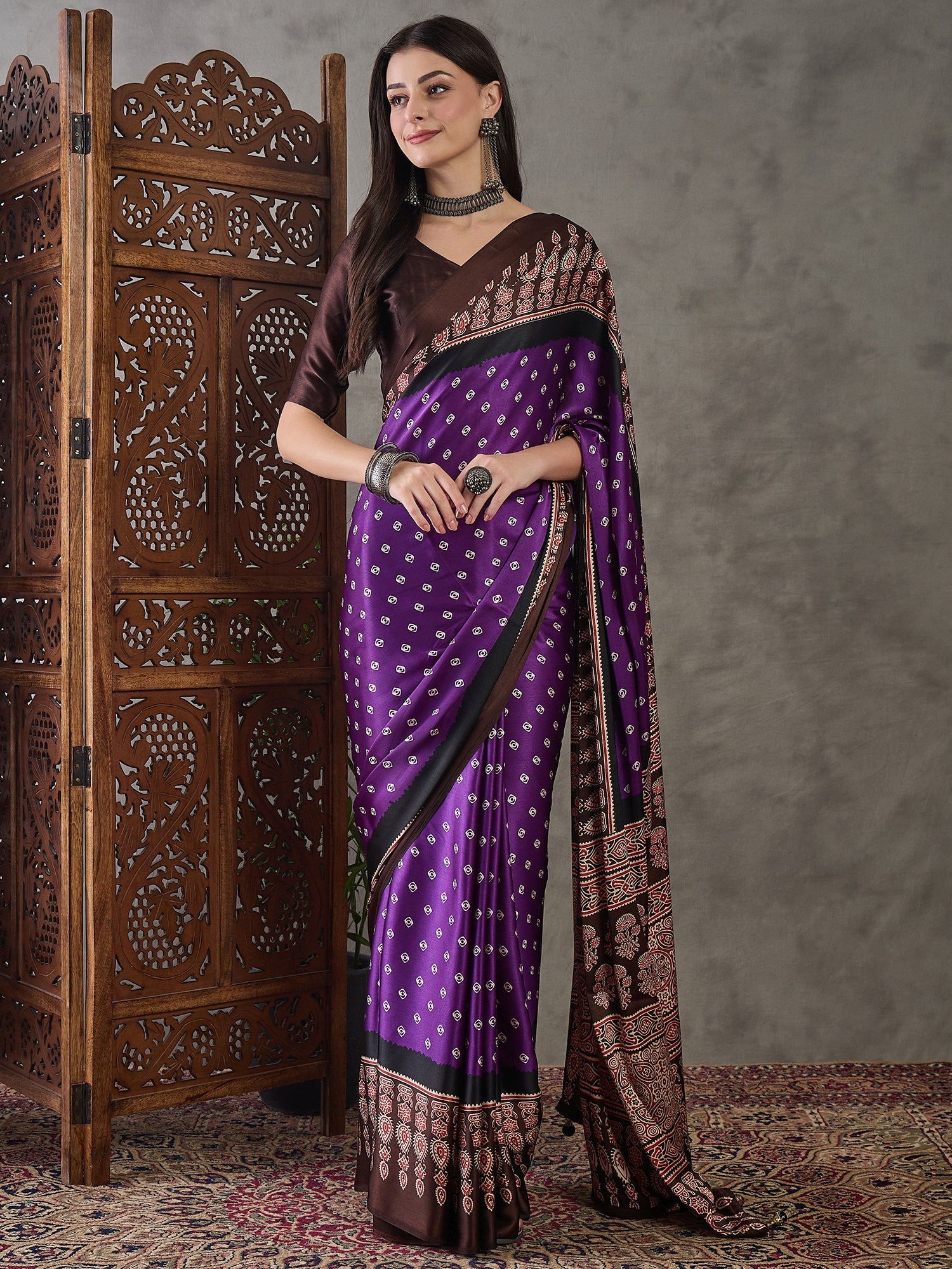 Violet Pure Semi Modal Silk Ajarkh Printed Saree ##color## Floral Printed Saree with premium fabric and embroidery
