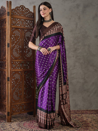 Violet Pure Semi Modal Silk Ajarkh Printed Saree 
