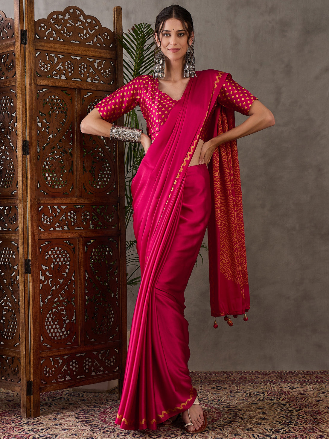 Pink Pure Semi Modal Japan Silk Ajarkh Printed Saree 