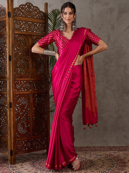 Pink Pure Semi Modal Japan Silk Ajarkh Printed Saree 