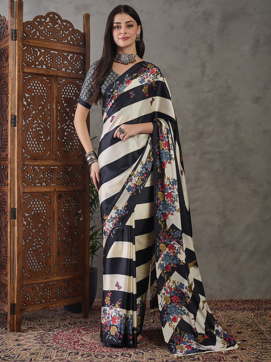 Black Pure Semi Modal Japan Silk Ajarkh Printed Saree 