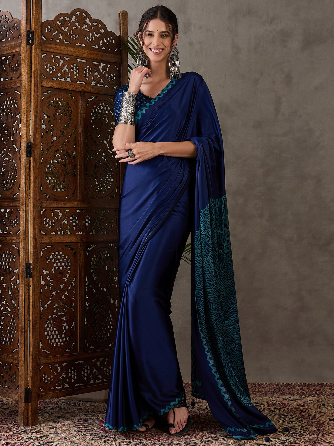 Blue Pure Semi Modal Japan Silk Ajarkh Printed Saree 