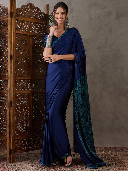 Blue Pure Semi Modal Japan Silk Ajarkh Printed Saree 