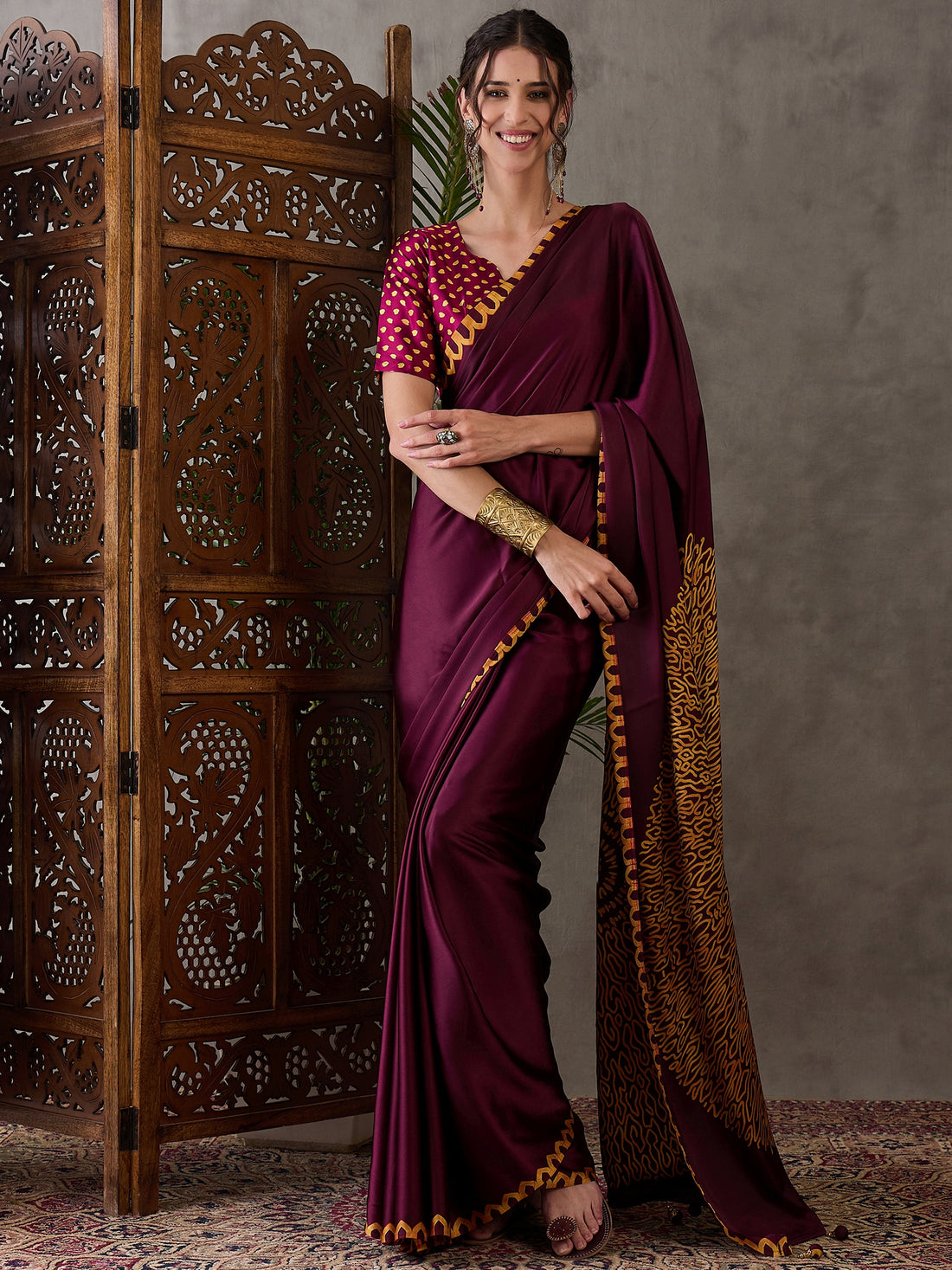 Maroon Pure Semi Modal Japan Silk Ajarkh Printed Saree 