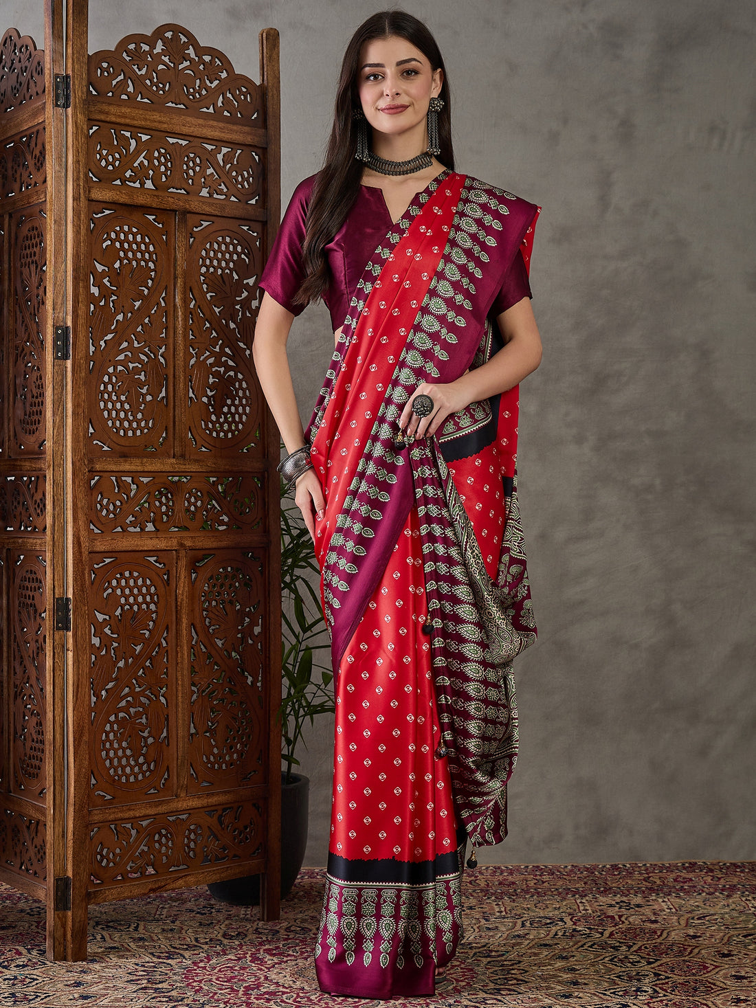 Red Pure Semi Modal Silk Ajarkh Printed Saree 
