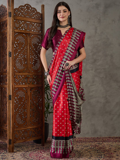 Red Pure Semi Modal Silk Ajarkh Printed Saree 