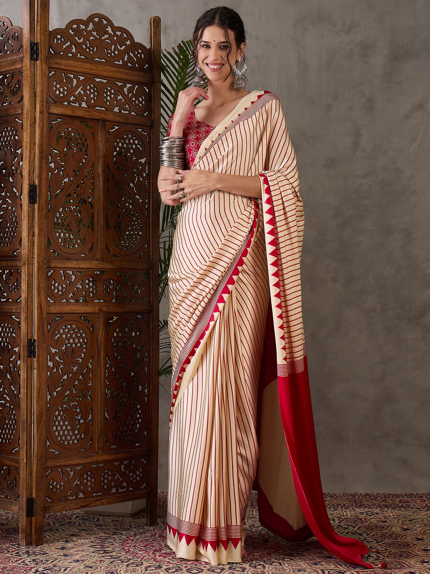Cream Pure Semi Modal Silk Ajarkh Printed Saree ##color## Floral Printed Saree with premium fabric and embroidery
