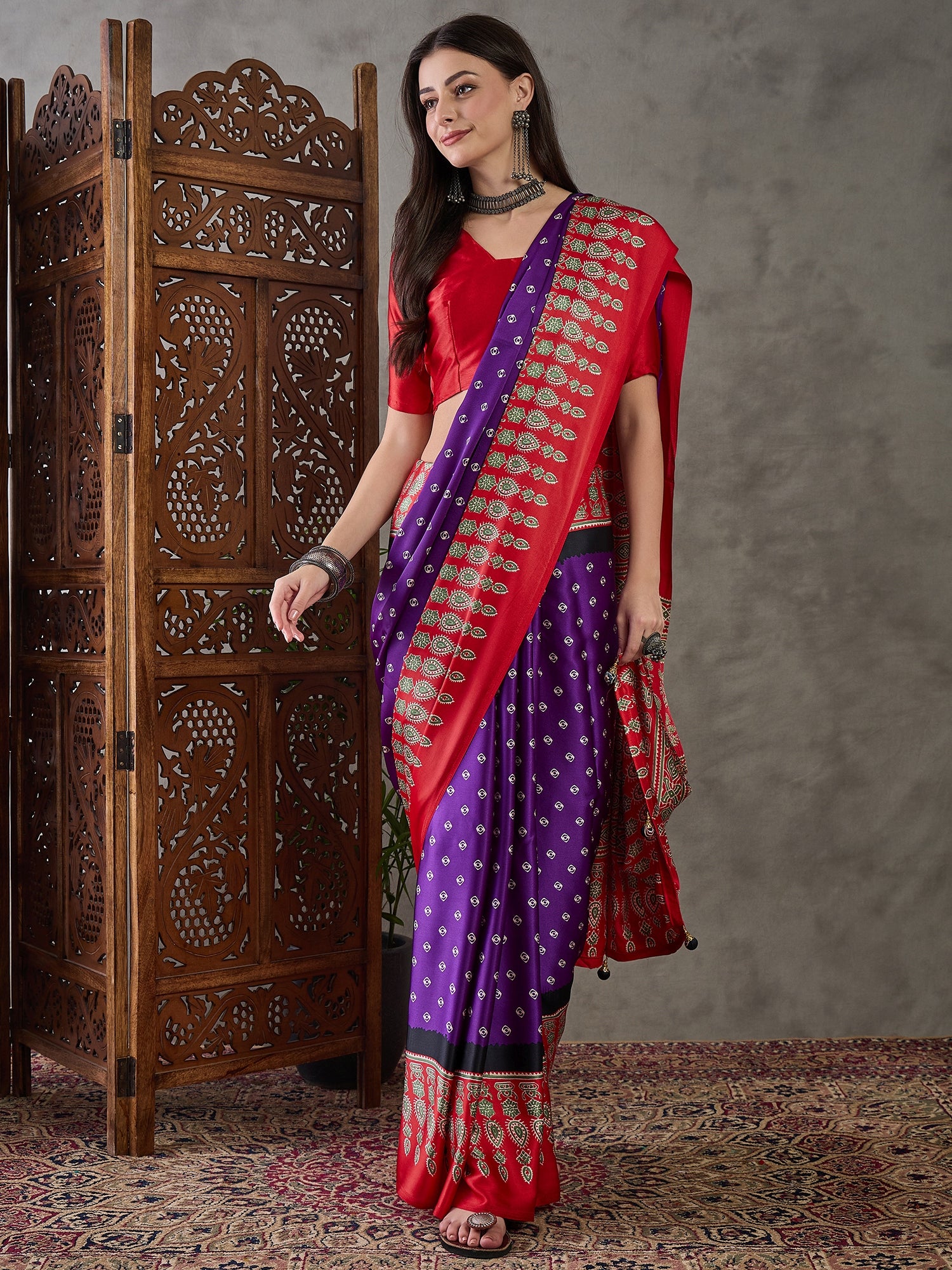Purple Pure Semi Modal Silk Ajarkh Printed Saree ##color## Floral Printed Saree with premium fabric and embroidery