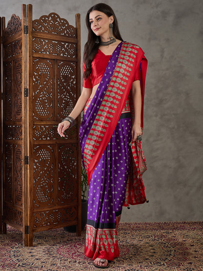 Purple Pure Semi Modal Silk Ajarkh Printed Saree 