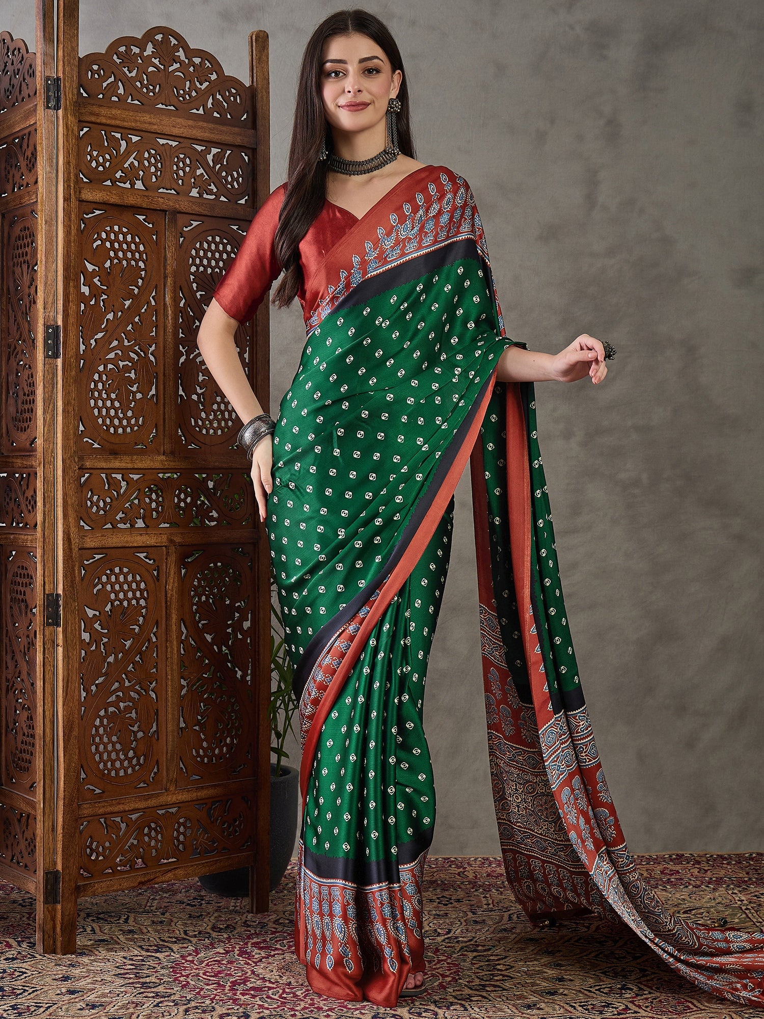 Green Pure Semi Modal Silk Ajarkh Printed Saree ##color## Floral Printed Saree with premium fabric and embroidery