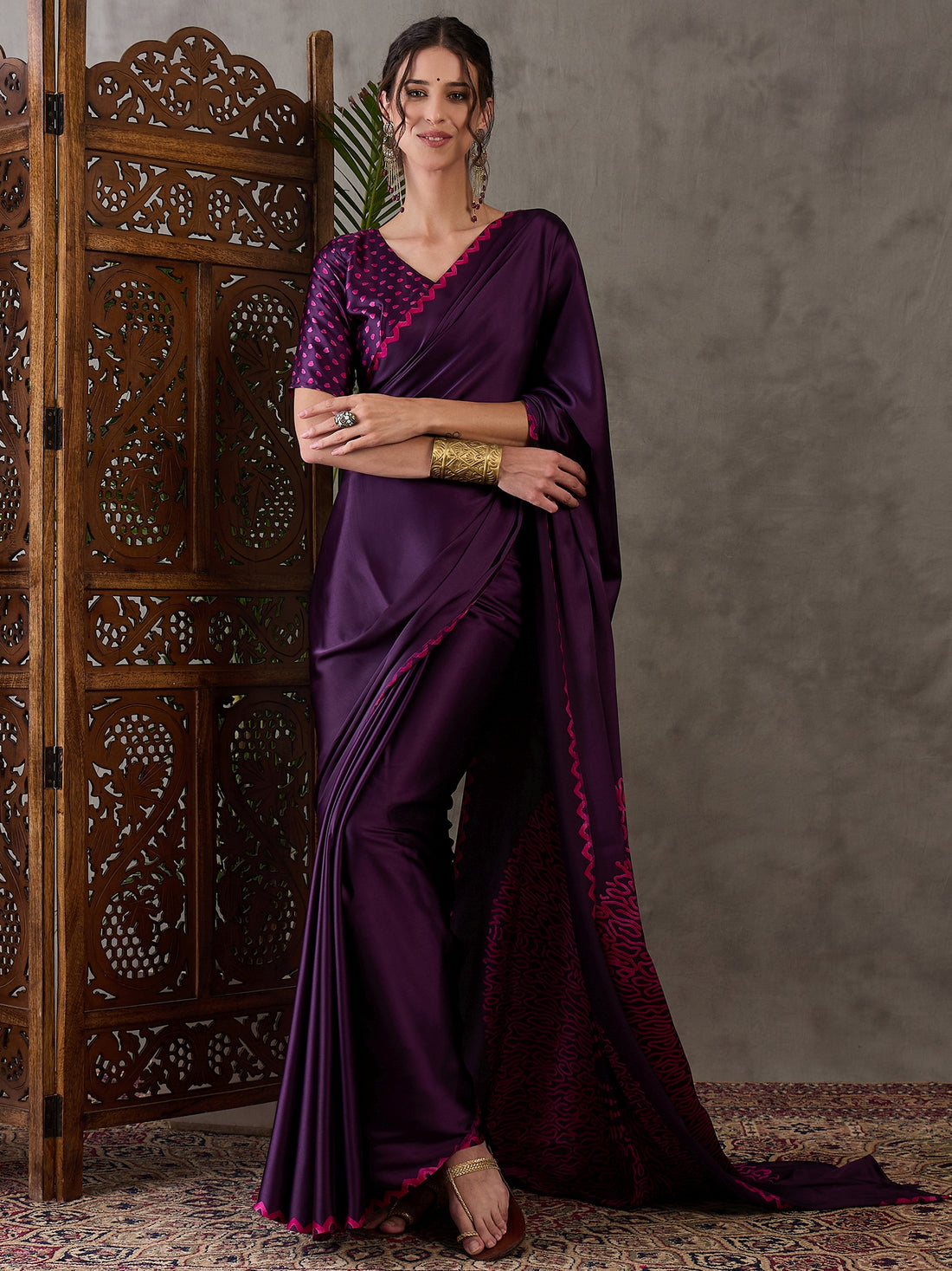 Purple Pure Semi Modal Japan Silk Ajarkh Printed Saree 