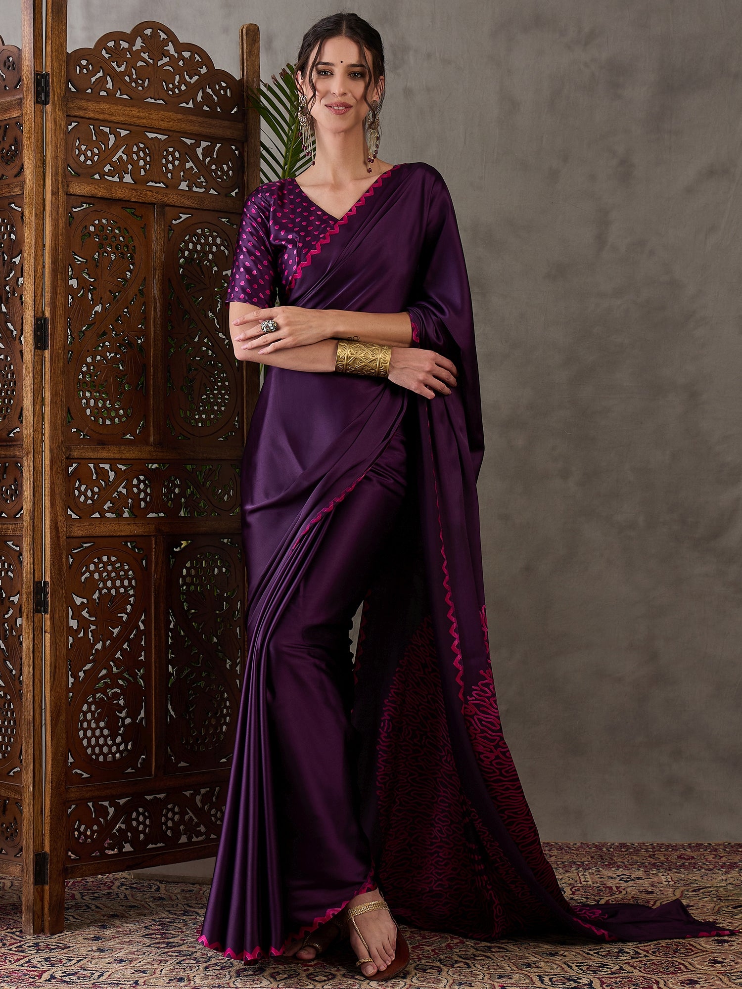 Purple Pure Semi Modal Japan Silk Ajarkh Printed Saree 