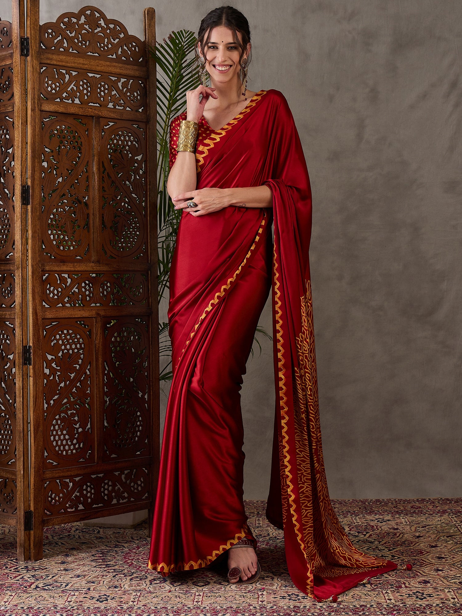 Red Pure Semi Modal Japan Silk Ajarkh Printed Saree ##color## Floral Printed Saree with premium fabric and embroidery