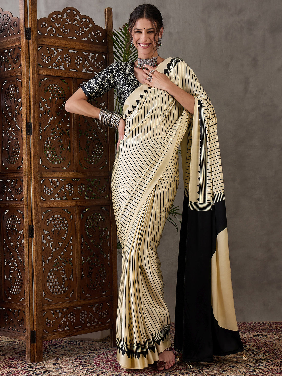 Cream Pure Semi Modal Silk Ajarkh Printed Saree 