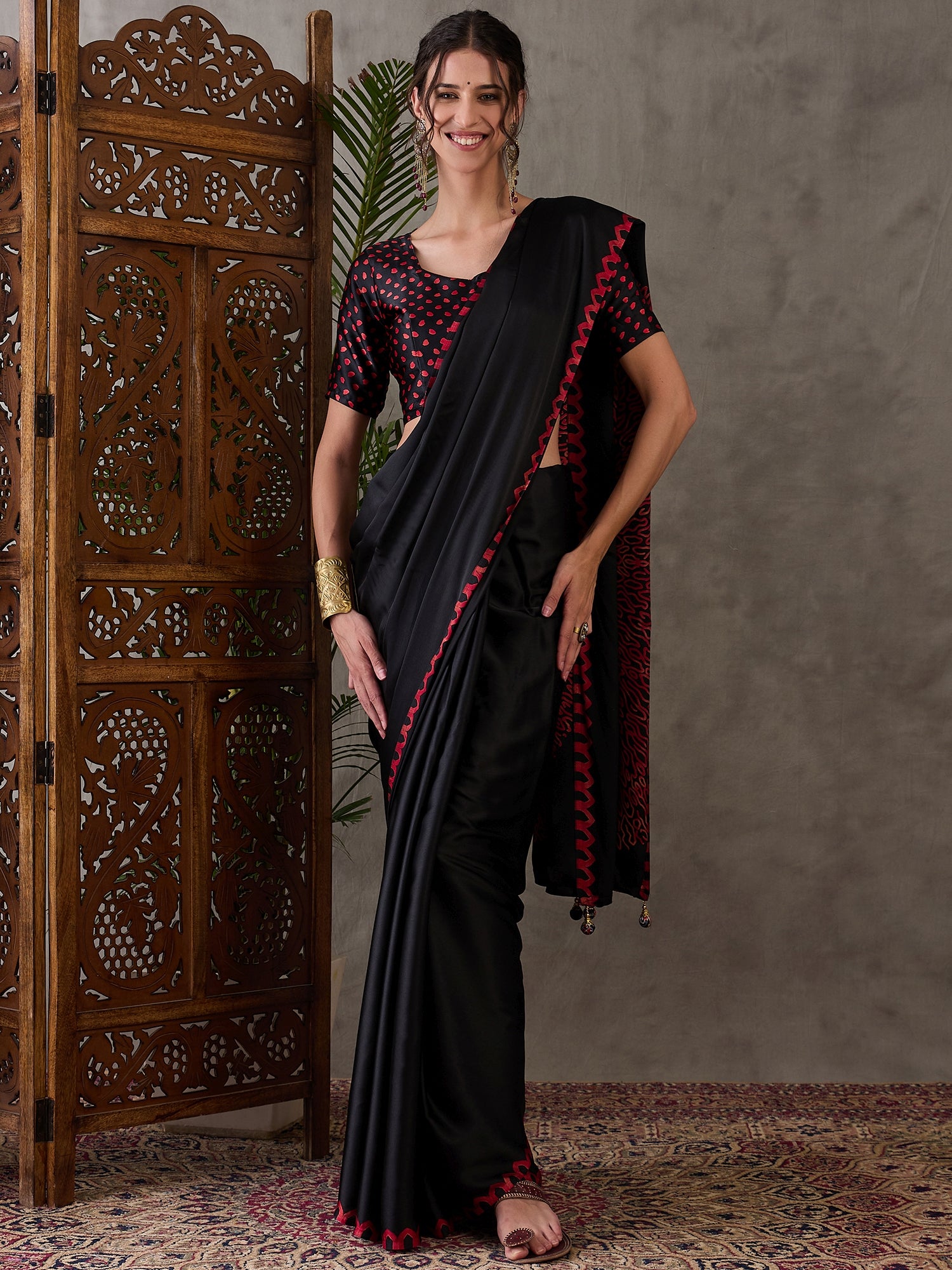 Black Pure Semi Modal Japan Silk Ajarkh Printed Saree ##color## Floral Printed Saree with premium fabric and embroidery