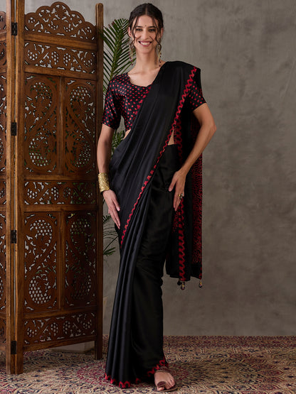 Black Pure Semi Modal Japan Silk Ajarkh Printed Saree 