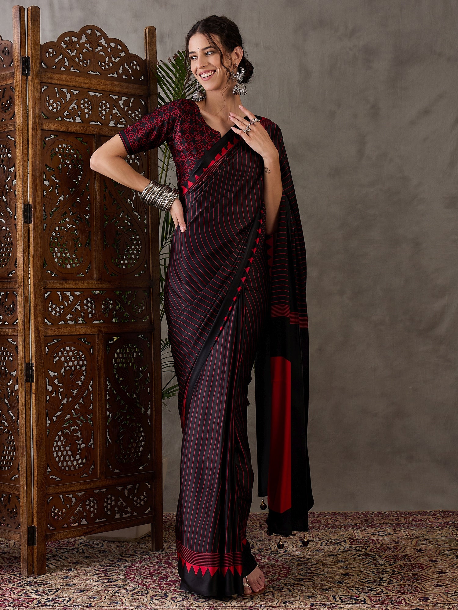 Black Pure Semi Modal Silk Ajarkh Printed Saree ##color## Floral Printed Saree with premium fabric and embroidery