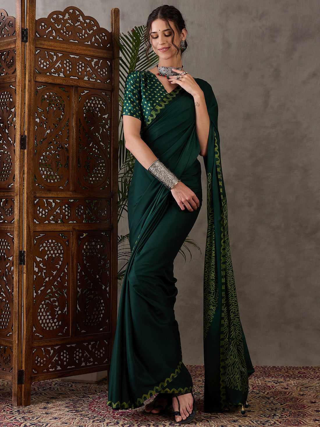 Green Pure Semi Modal Japan Silk Ajarkh Printed Saree 