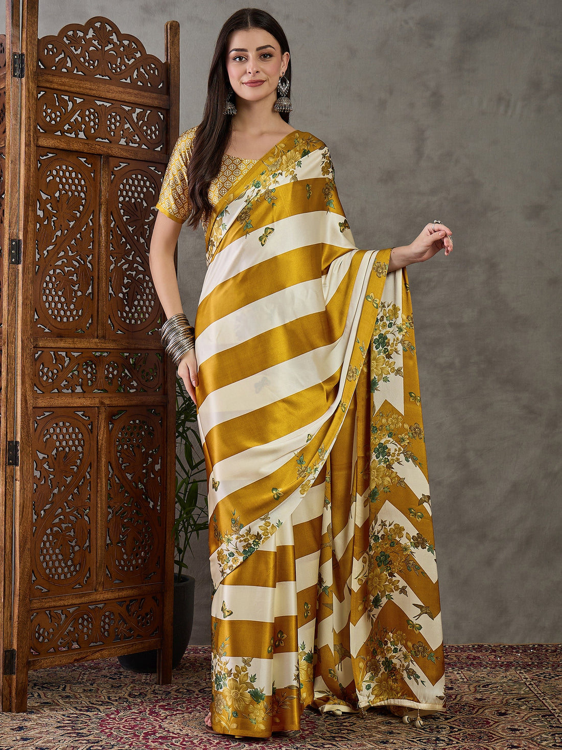 Yellow Pure Semi Modal Japan Silk Ajarkh Printed Saree 