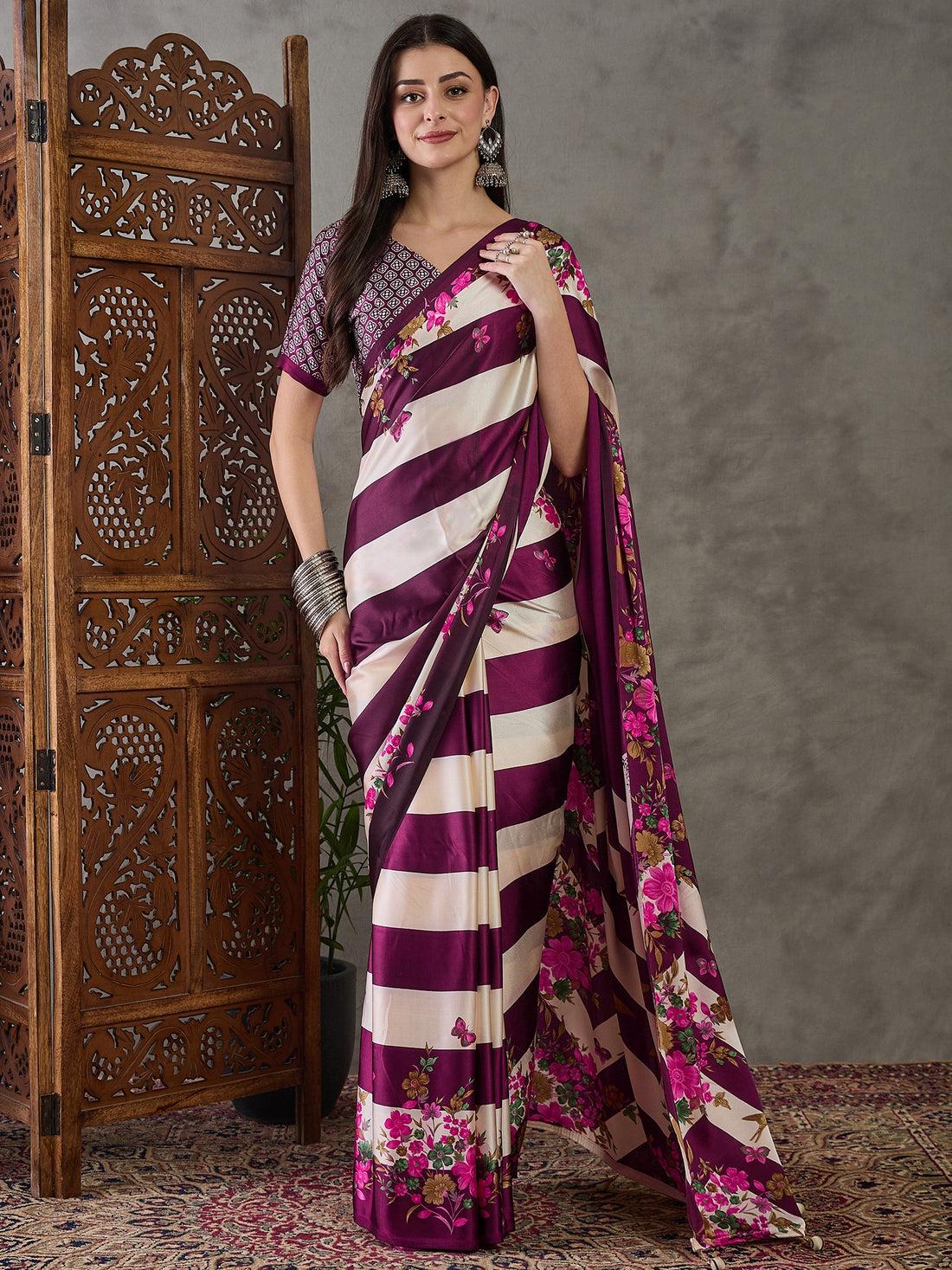 Purple Pure Semi Modal Japan Silk Ajarkh Printed Saree 