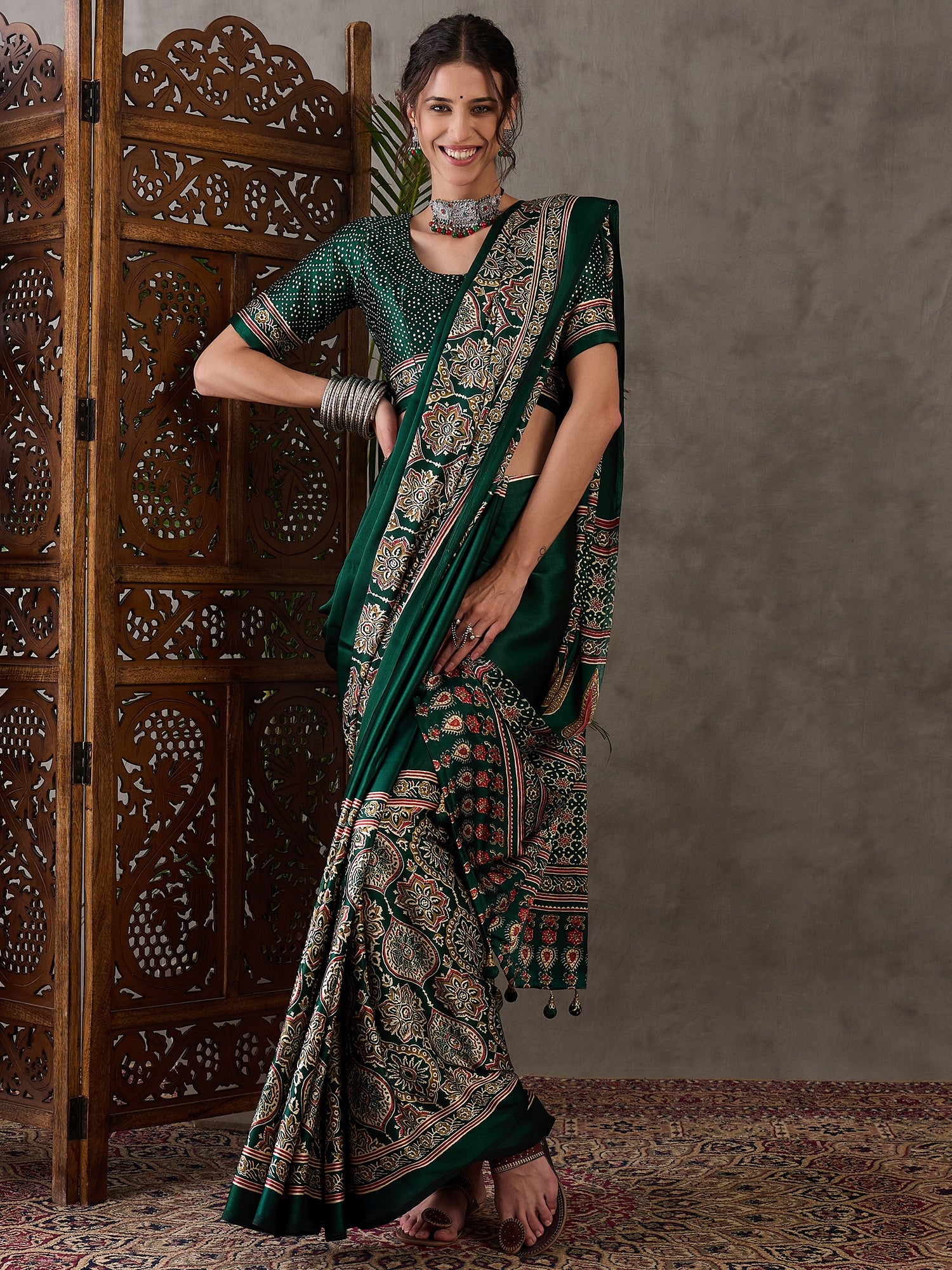 Green Pure Semi Modal Silk Floral Printed Saree 