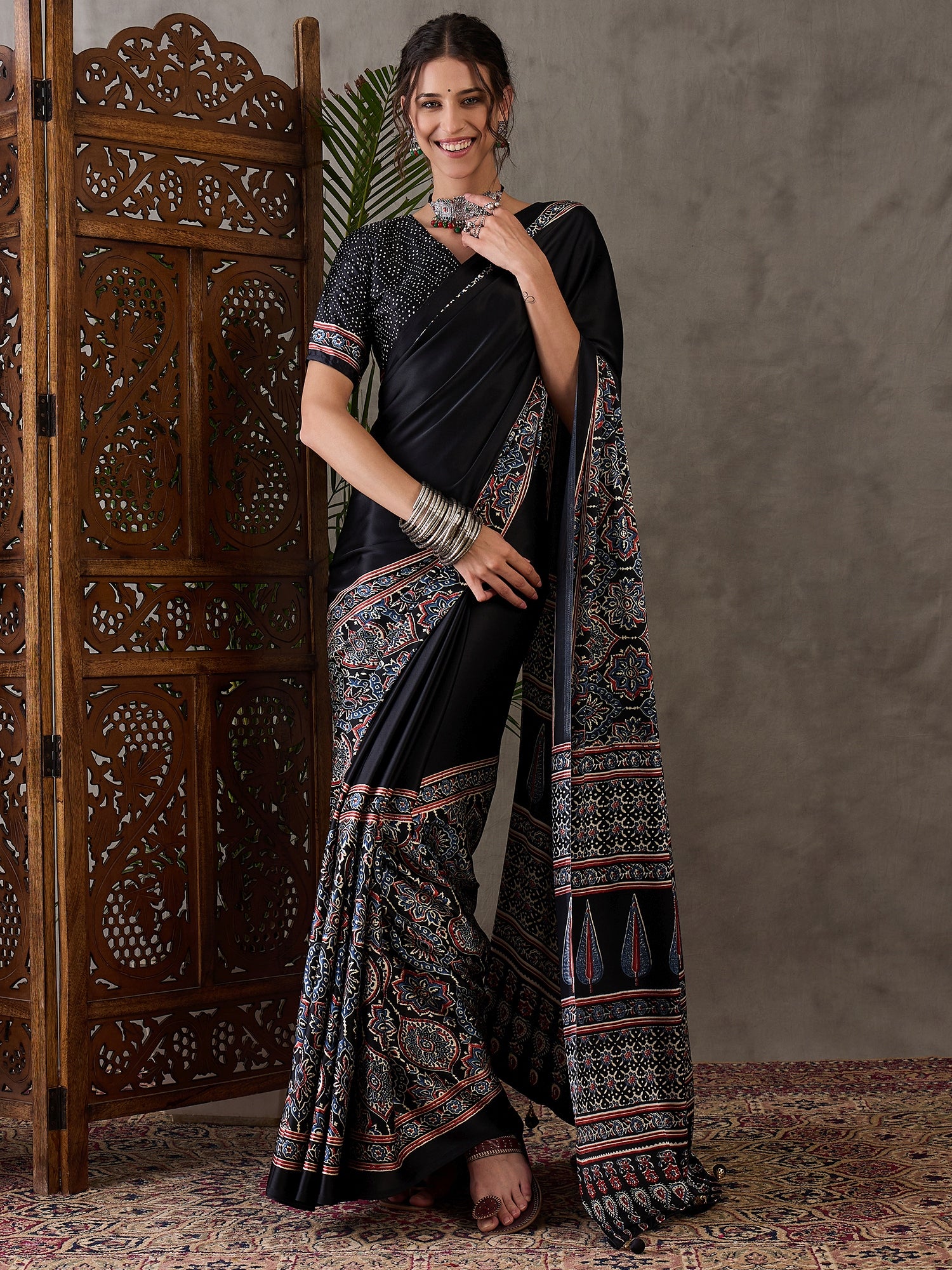 Black Pure Semi Modal Silk Floral Printed Saree ##color## Floral Printed Saree with premium fabric and embroidery
