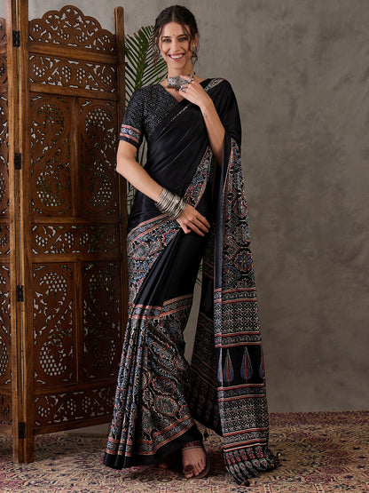 Black Pure Semi Modal Silk Floral Printed Saree 
