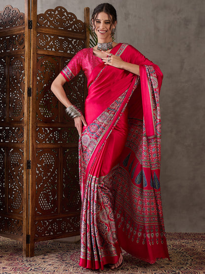 Pink Pure Semi Modal Silk Floral Printed Saree 