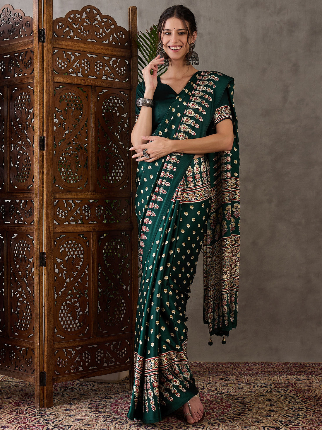Green Pure Semi Modal Silk Floral Printed Saree 
