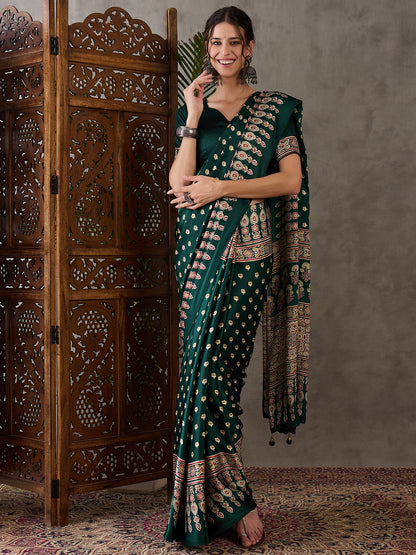Green Pure Semi Modal Silk Floral Printed Saree 