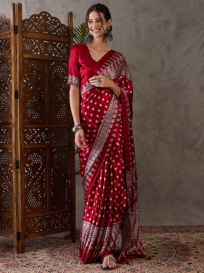 Red Pure Semi Modal Silk Floral Printed Saree 