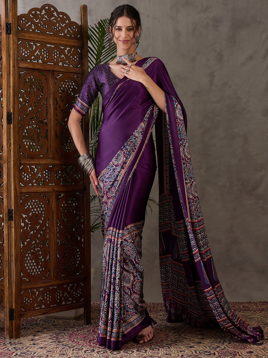 Purple Pure Semi Modal Silk Floral Printed Saree 