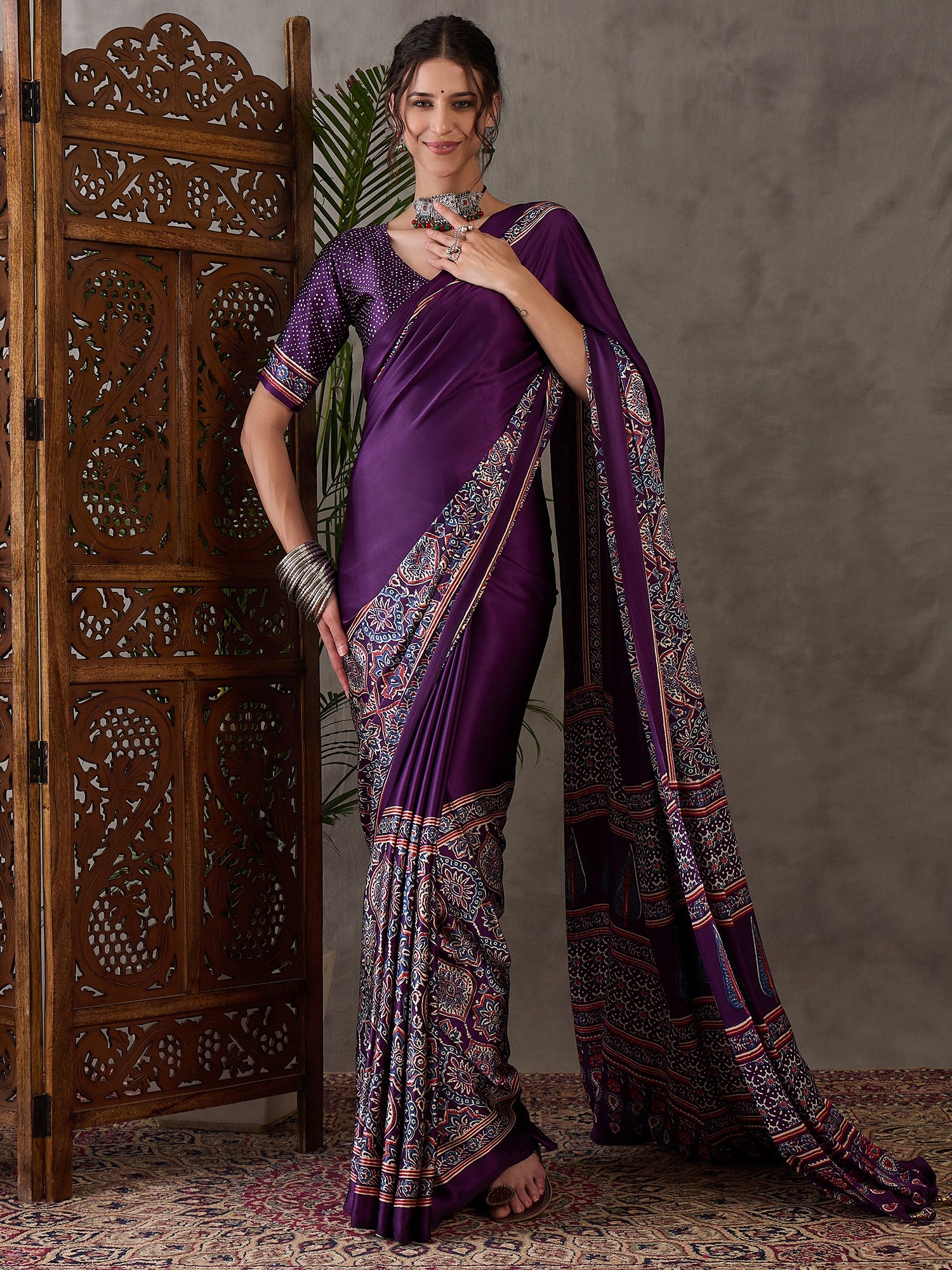Purple Pure Semi Modal Silk Floral Printed Saree ##color## Floral Printed Saree with premium fabric and embroidery
