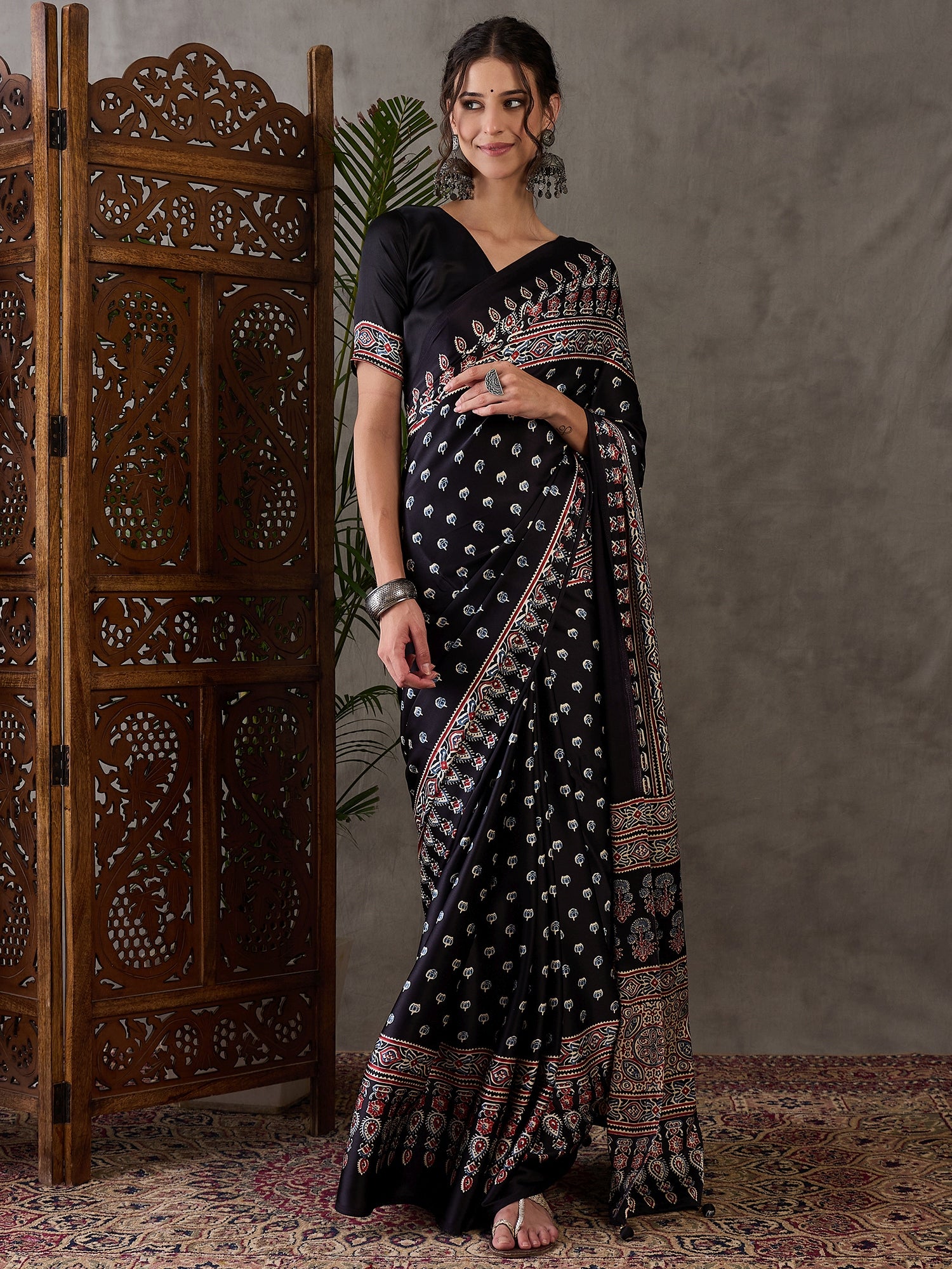 Black Pure Semi Modal Silk Floral Printed Saree 