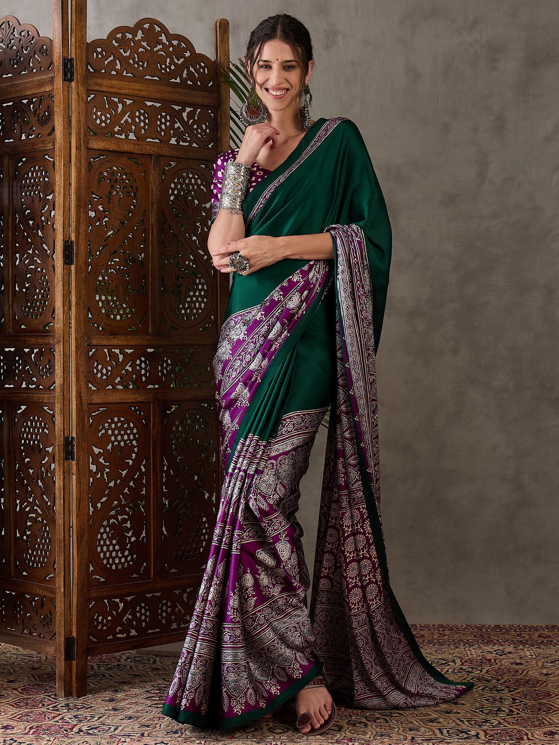 Emerald Green Semi Modal Traditional Printed Saree with Purple Border